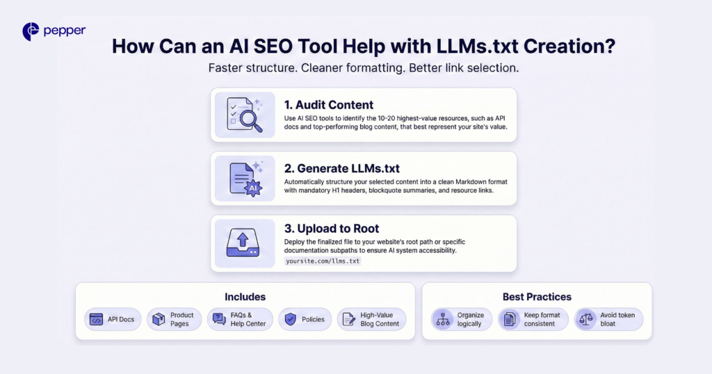 Accelerate LLMs.txt creation using AI SEO tools built for a cleaner structure and smarter links
