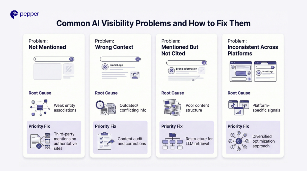 Common AI visibility gaps stem from weak entity signals, poor structure, and inconsistent cross-platform presence.