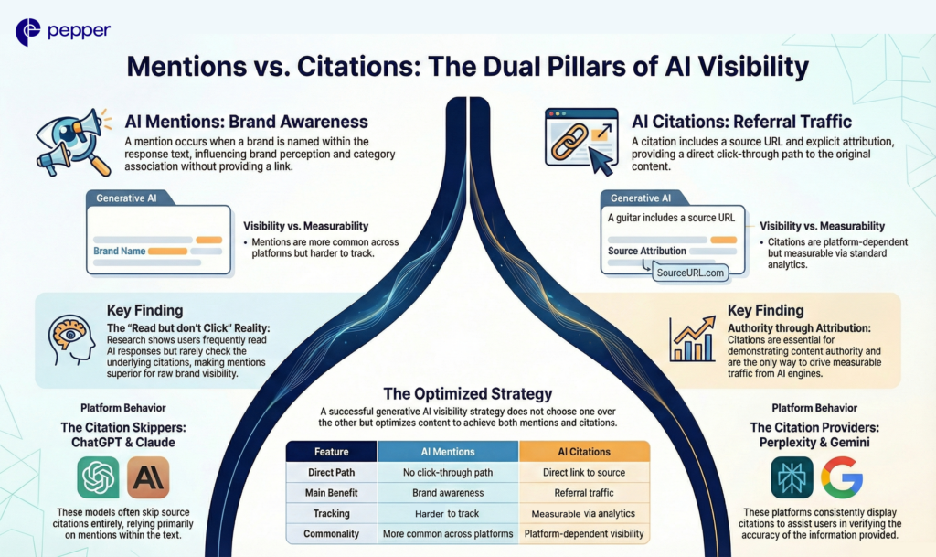 Mentions shape how AI remembers your brand, while citations determine whether that visibility turns into traffic.