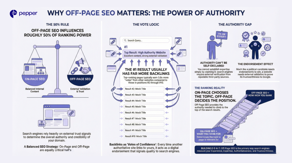 External links, mentions, and endorsements determine how high your content can rank.