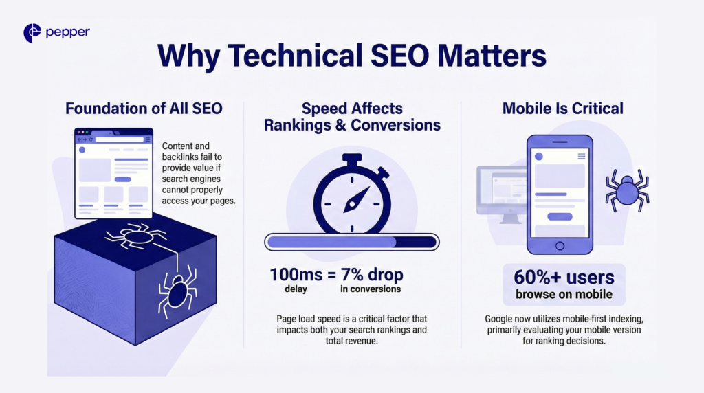 Technical SEO is the infrastructure that determines whether your content can rank, load fast, and convert.