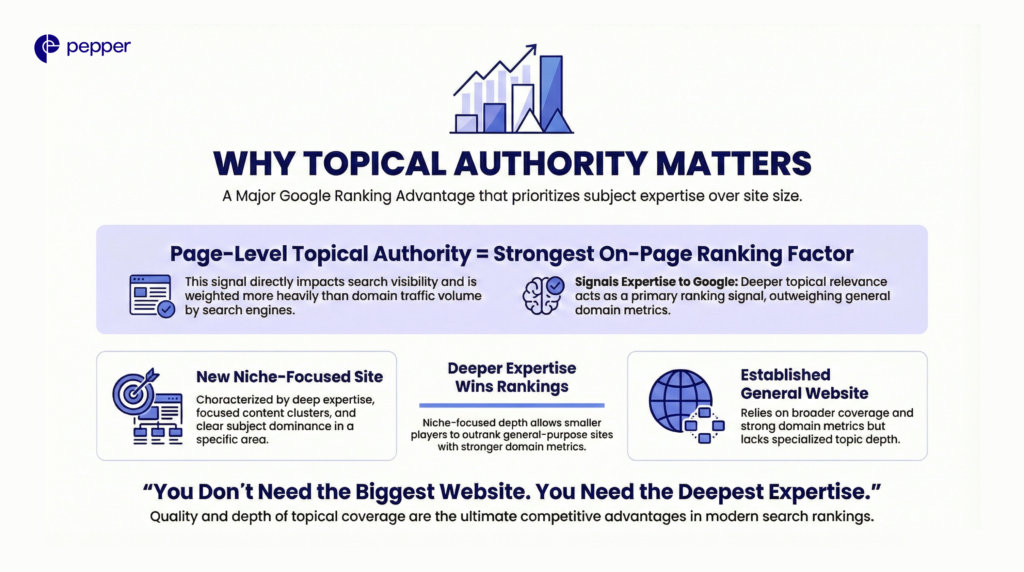 Deep expertise is a stronger ranking signal than domain scale.