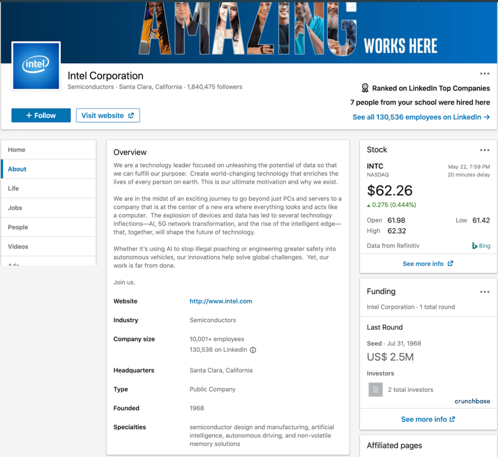 intel corporation LinkedIn page