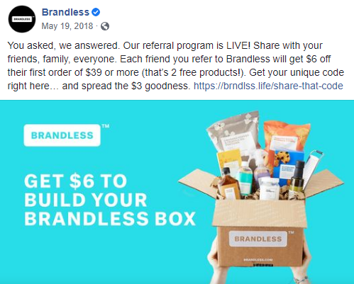 Social referral example - Brandless 