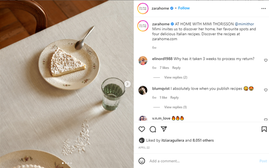 an Instagram post by Zara Home