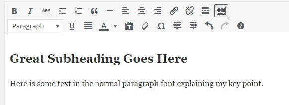 Subheading example on WordPress