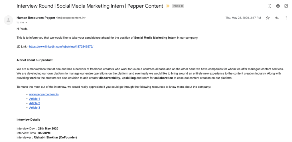 an email containing the interview details