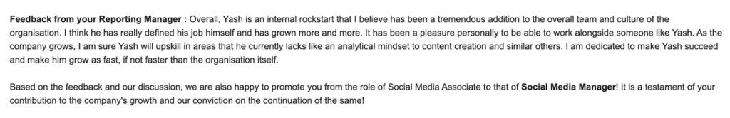 feedback describing Yash’s accomplishments