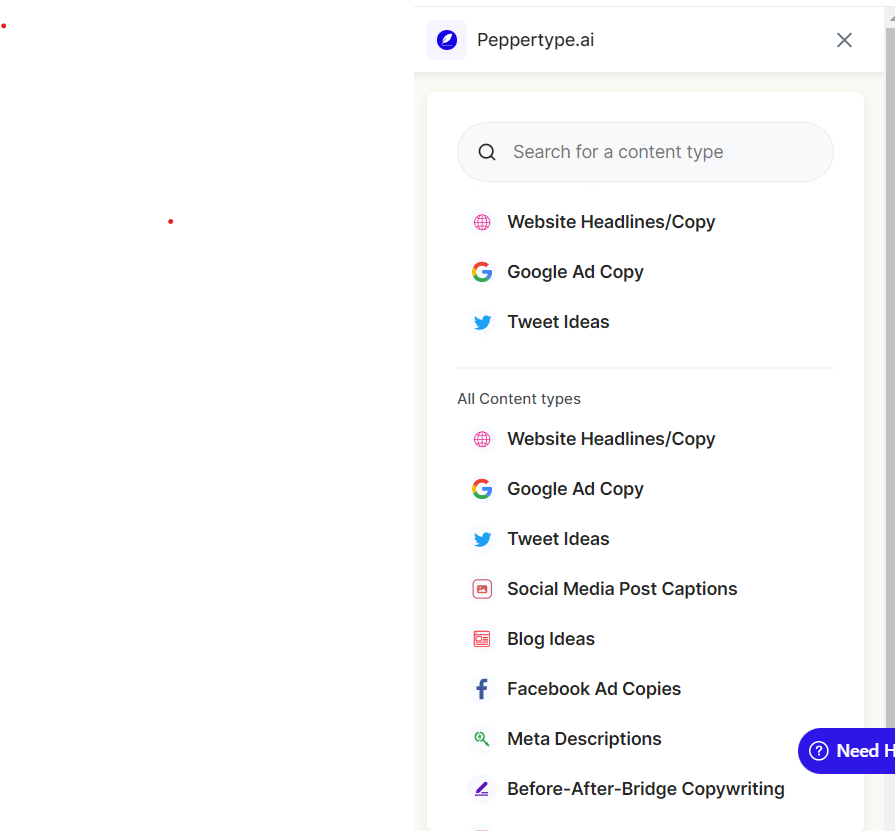 (Snippet of Peppertype.ai for a specific type of content generation.)