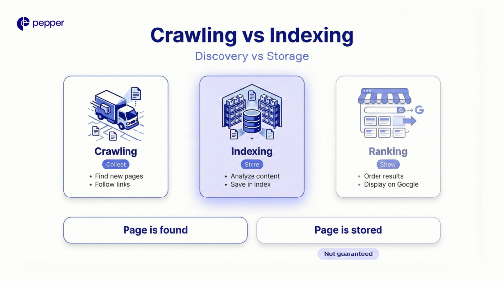Crawling finds pages, indexing stores them, and ranking decides visibility.