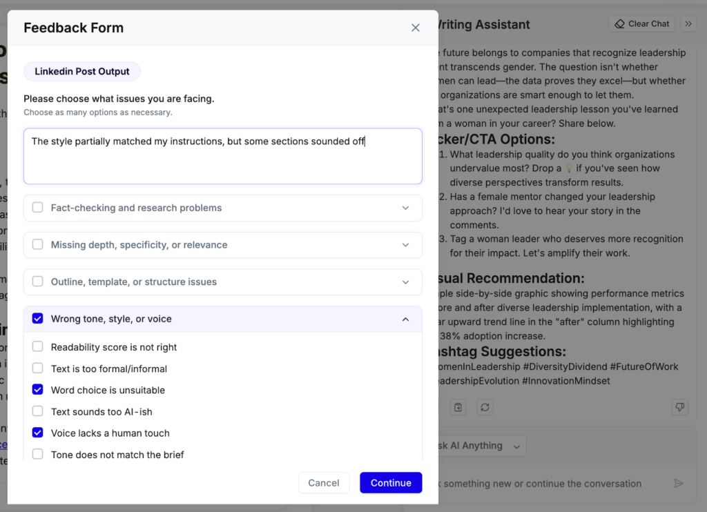 Users can flag individual outputs directly in Pepper’s AI Assistant, to feed rapid iterations