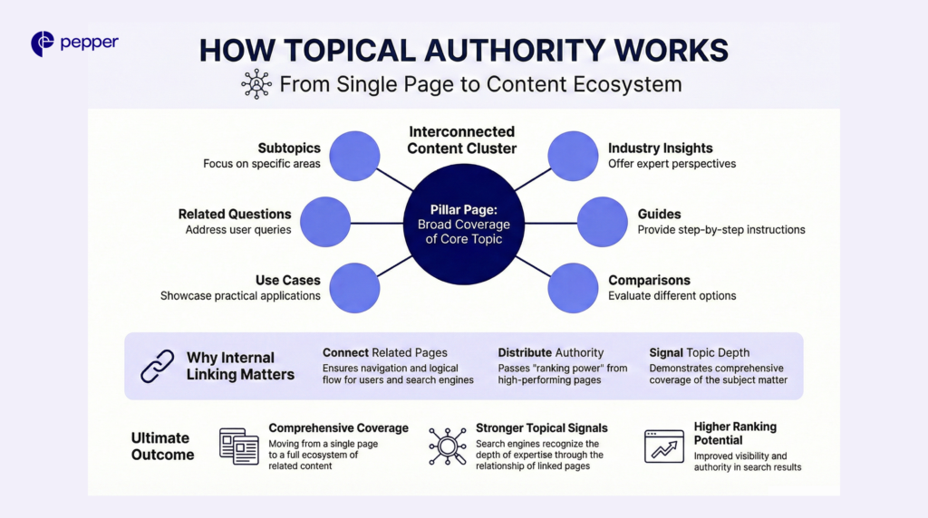 Internal linking turns pages into topical authority.