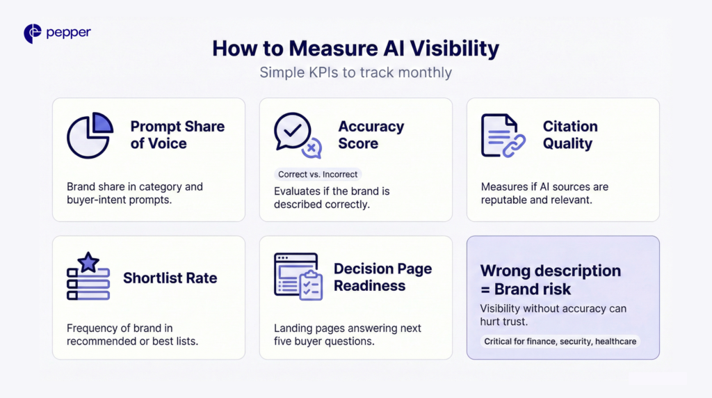 Measuring AI visibility goes beyond traffic to include trust, positioning, and decision influence.
