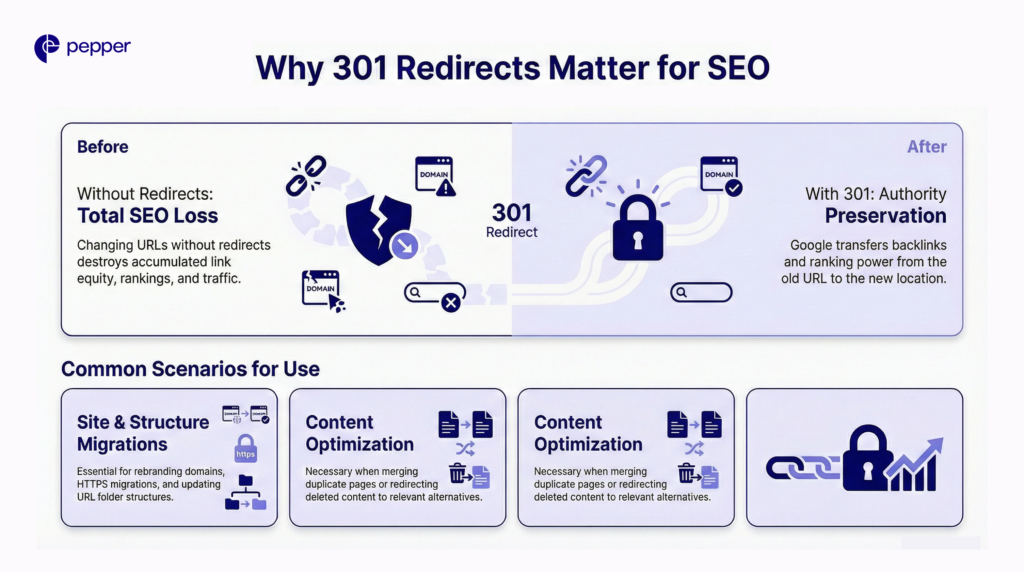 Without 301 redirects, rankings disappear. With them, authority compounds.