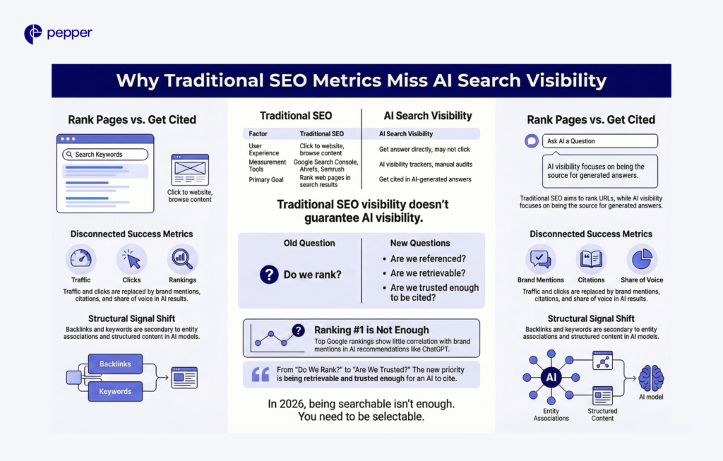 In AI search, being cited matters more than simply ranking on page one.