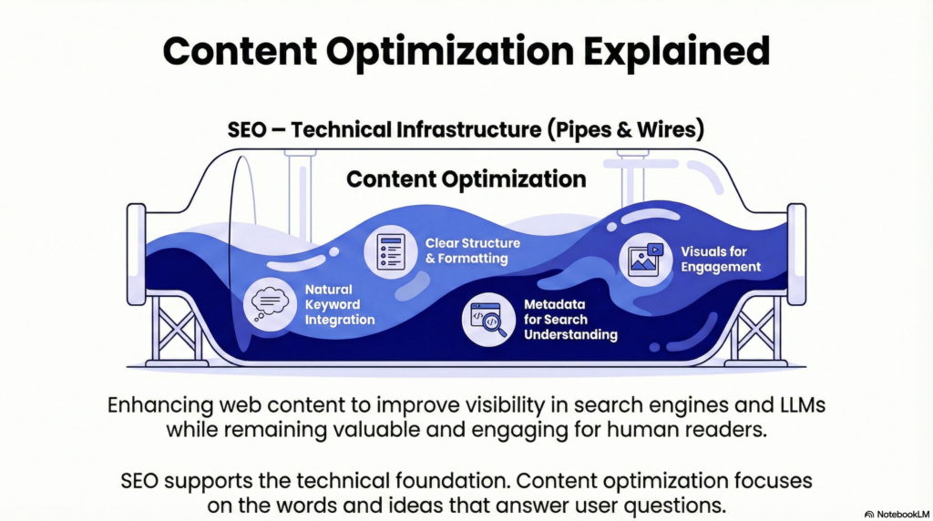 Content optimization refines structure, keywords, metadata, and visuals to boost search and AI visibility.