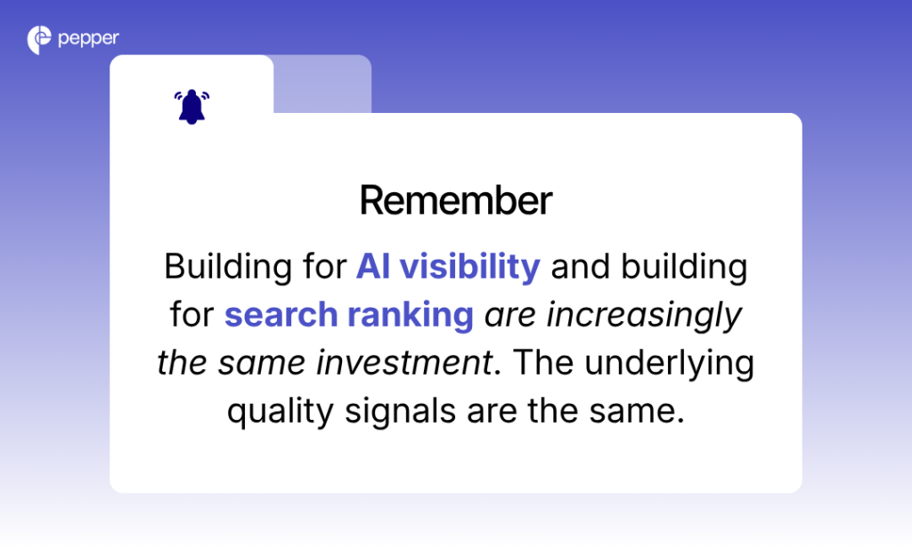 Building for AI visibility and building for search ranking are increasingly the same investment. The underlying quality signals are the same.