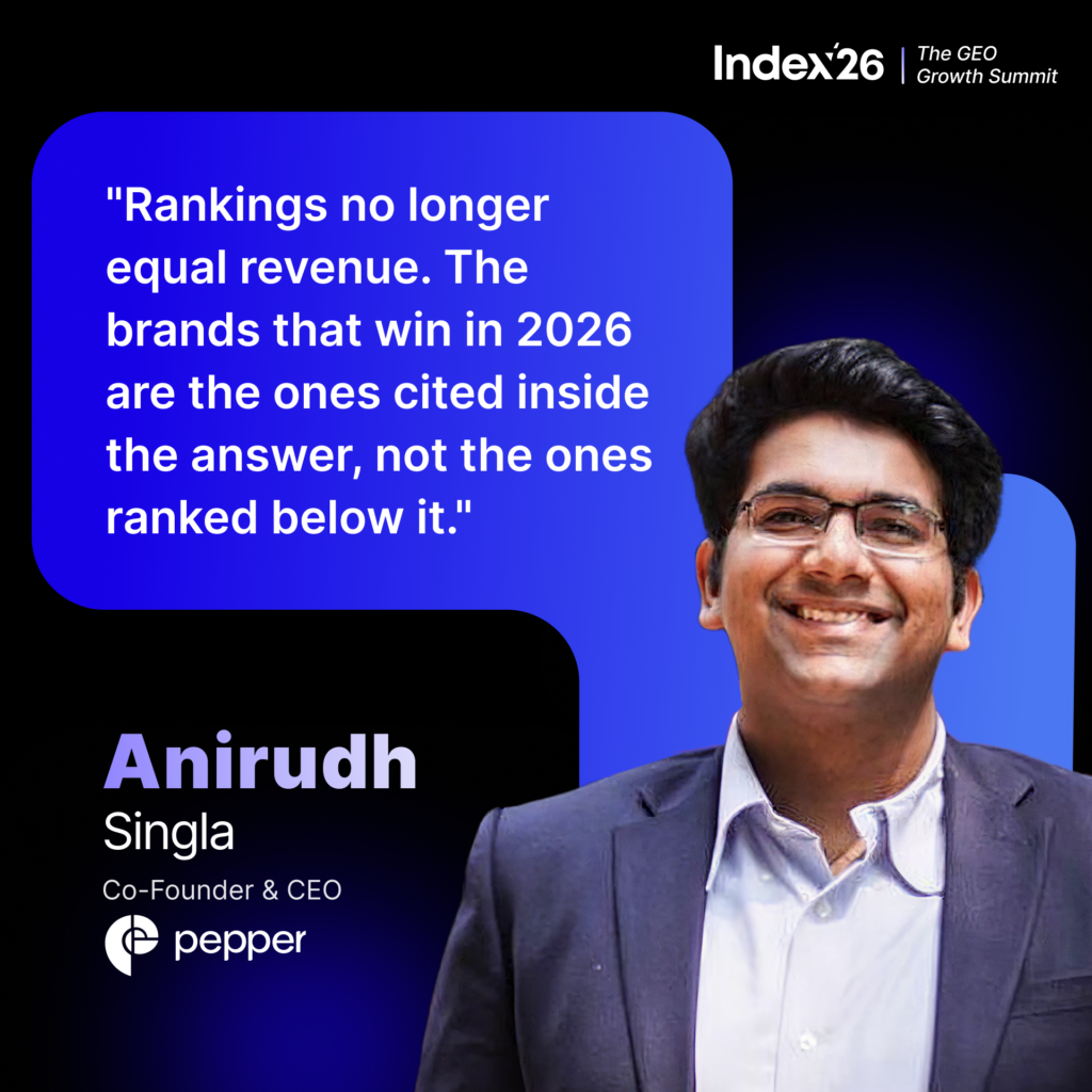 Anirudh Singla: Ranking no longer equal revenue. The brands that win in 2026 are the ones cited inside the answer, not the ones ranked below it