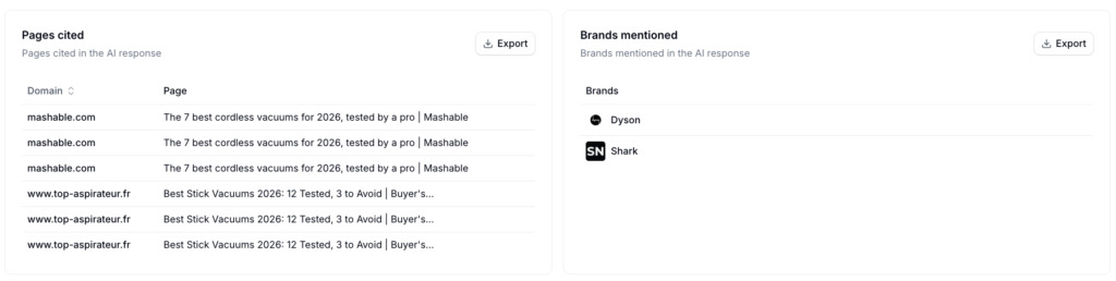The sources behind the answer. Open the page a competitor was cited for, see what earned it, and build something better.