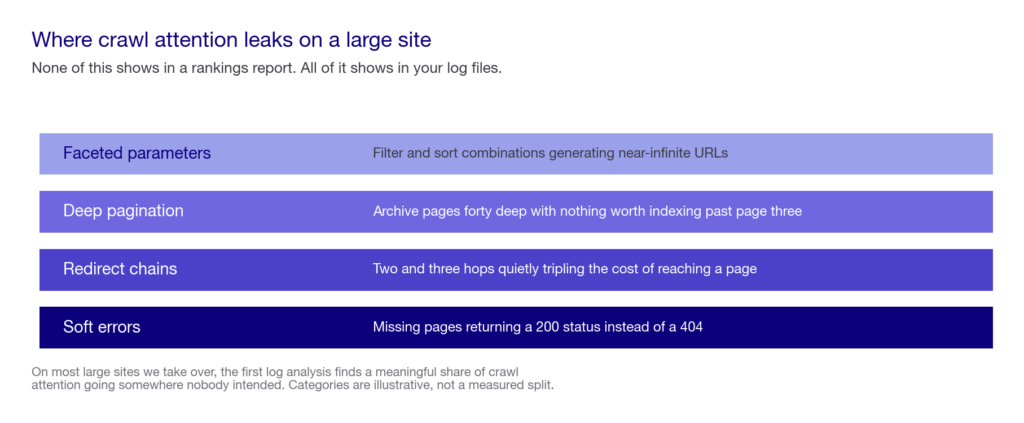 Diagram showing the four layers where crawl budget is typically wasted on large sites: faceted parameters, deep pagination, redirect chains and soft errors