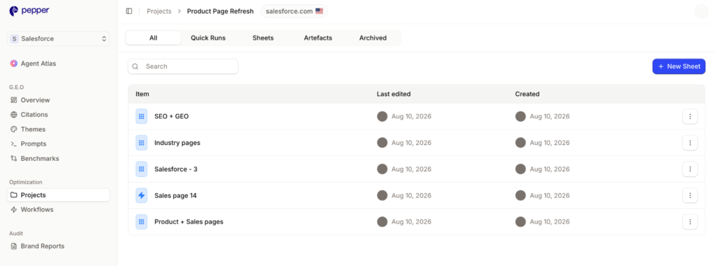 Projects view under Optimization showing a single project opened, with its sheets listed together under one initiative.