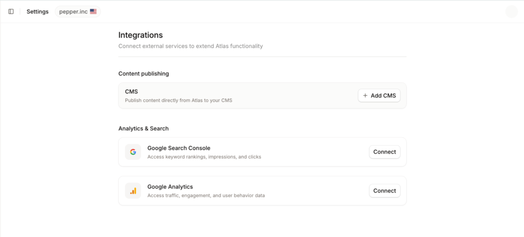 The Agent Atlas connections screen, showing GEO and DataForSEO available out of the box, with Connect buttons alongside Google Search Console, Google Analytics, and CMS.