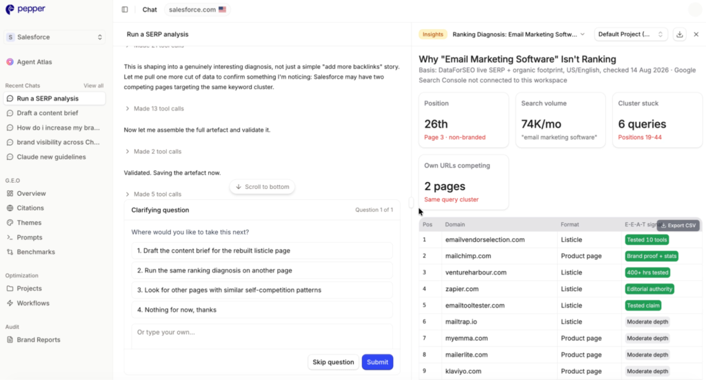 The Agent Atlas interface with the chat on the left holding the narrative summary and reasoning, and the canvas open on the right showing a detailed output tab.