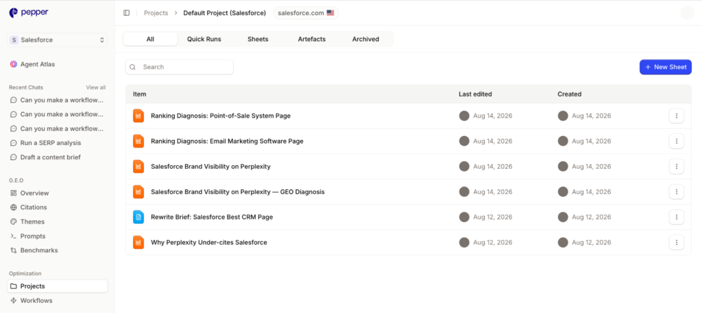 A Project in Agent Atlas grouping its saved artifacts and workflows under a single initiative, kept separate from the ephemeral session history.