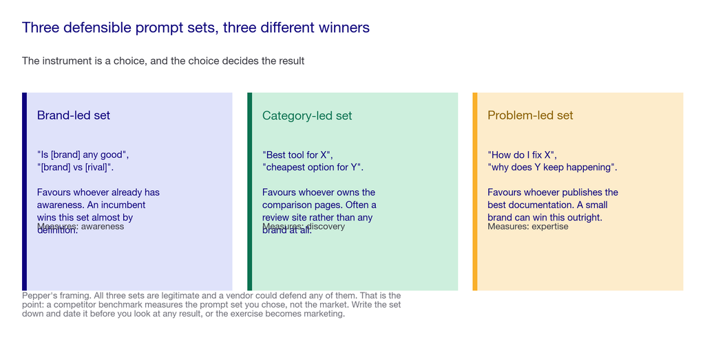 Panel showing how three different prompt set choices produce three different competitor rankings