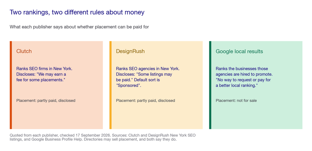 Panel comparing what can be paid for in a directory ranking against what Google says cannot be paid for