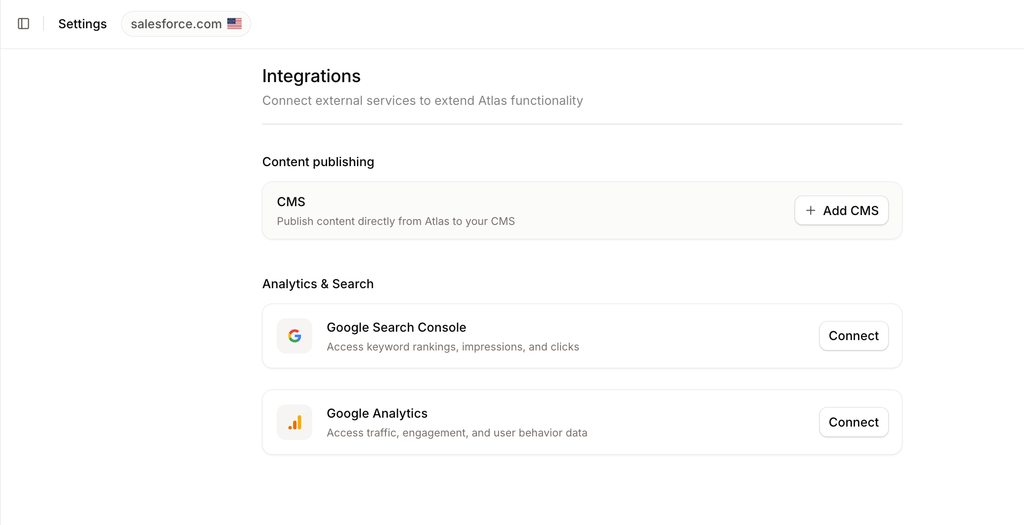 Agent Atlas data connections screen showing GEO trackinag and DataForSEO on by default with Search Console, Analytics and CMS available to connect
